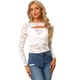 thumbnail image 1 of Blusa transparente transparente de manga larga con abertura frontal de encaje floral para mujer Blanco XS, 1 of 6