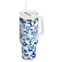 Blue and White Porcelain Floral Tumbler with Handle and Straw Lid 40 oz Insulated Vacuum Water Bottle Stainless Steel Travel Cup