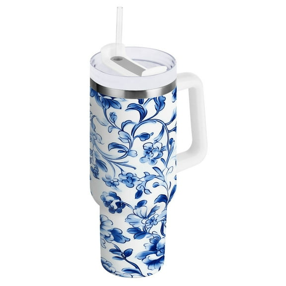 Blue and White Porcelain Floral Tumbler with Handle and Straw Lid 40 oz Insulated Vacuum Water Bottle Stainless Steel Travel Cup