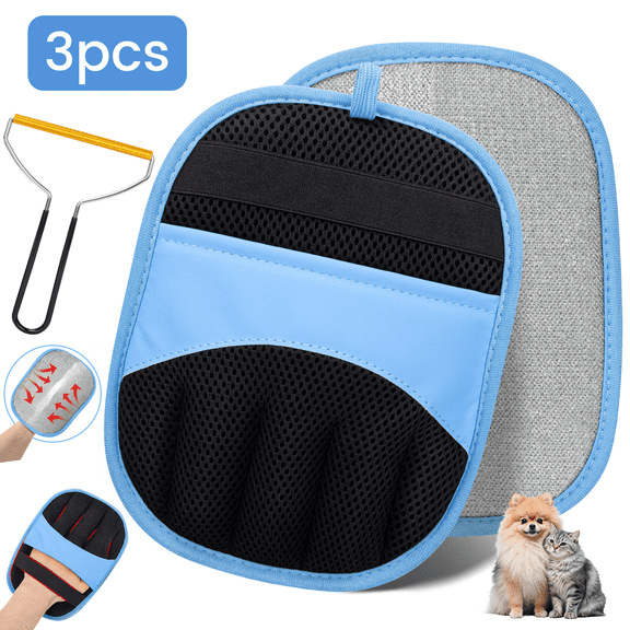 3Pcs Pet Hair Removal Glove – Upgraded Five-Finger Design, Reusable Electrostatic Dog & Cat Hair Remover for Furniture, Couch, Carpet and Laundry