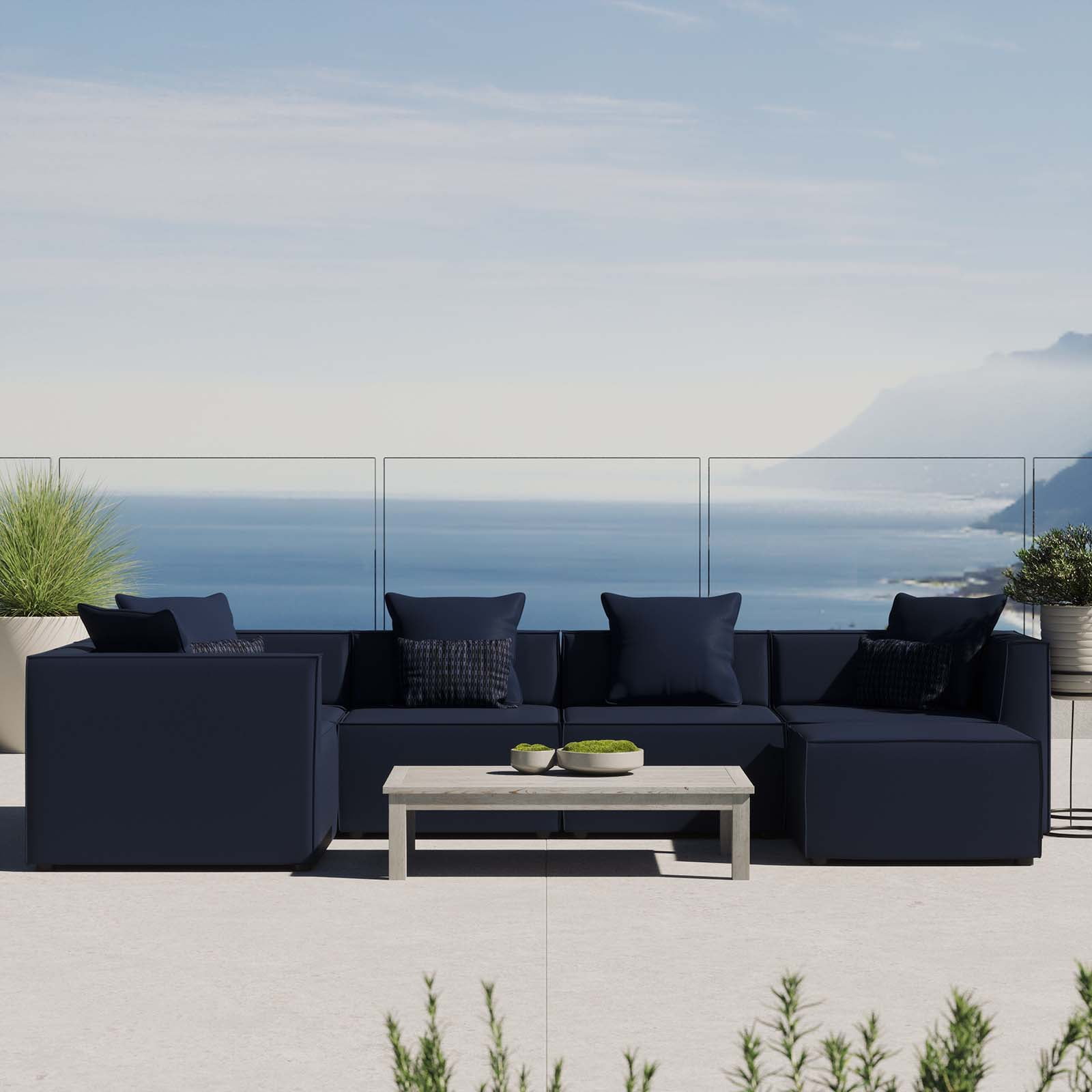 Modway Saybrook 6-Piece Fabric Upholstered Outdoor Patio Sectional Sofa in Navy