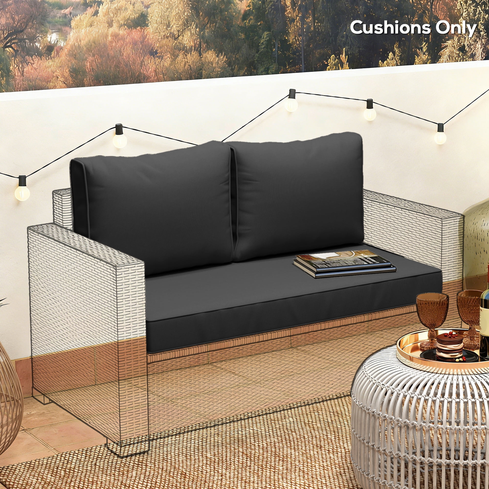 Outsunny 2 Seater Patio Furniture Cushions, 5 in Outdoor Loveseat Cushions with Removable Cover, Replacement Cushions for Outdoor Furniture, Black