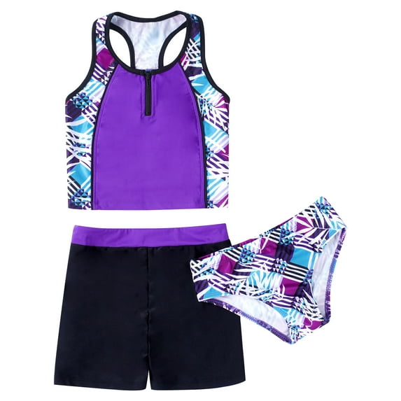 renvena Kids Girls 3 Piece Tankini Swimsuit Floral Print Top with Boyshorts Bottoms Bathing Suit Swimwear