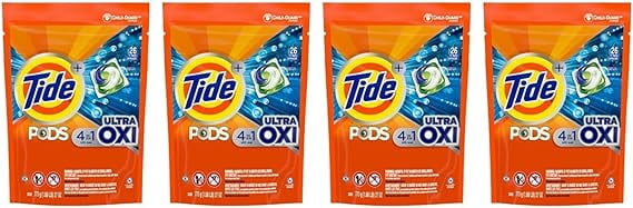TIDE PODS Liquid Laundry Detergent Pacs, 4-in-1 Ultra Oxi, HE Compatible, Built-in Pre-Treater for Stains, 104 Count, 4 Bags