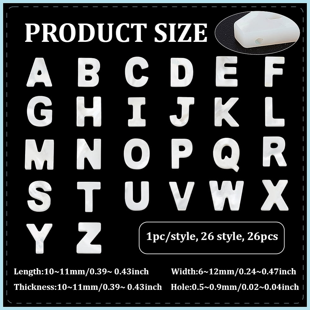 26Pcs 26 Styles Natural White Shell Beads Initial Top Drilled Seashell Color Letter A~Z 10~11x6~12x2~2.5mm Hole: 0.5~0.9mm 1pc/style