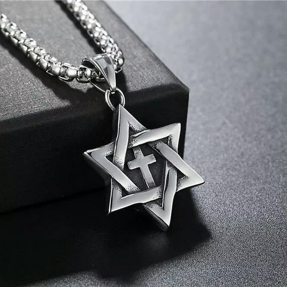 HOOUN Mens Silver Jewish Star of David Messianic Cross Pendant Necklace Punk Jewelry