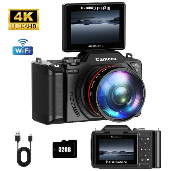 4K Digital Camera, 64MP Vlogging Camera for , Point And Shoot Camara with 3" 180° Flip Screen, 18X Digital Zoom with 32GB Micro SD Card for Beginners And Selfie Lovers, Best Gift for Festivals