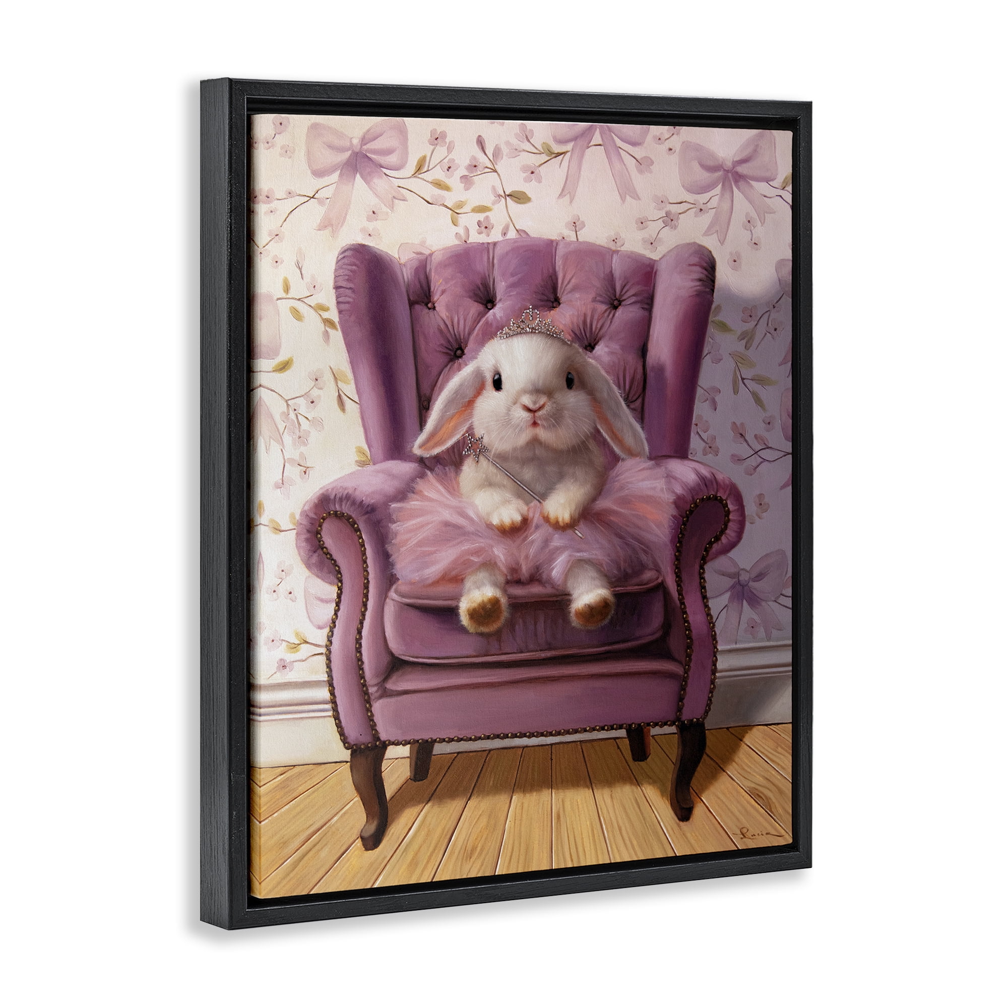 Pink Princess Tutu Bunny Black Framed Floater Canvas Wall Art, design by Lucia Heffernan