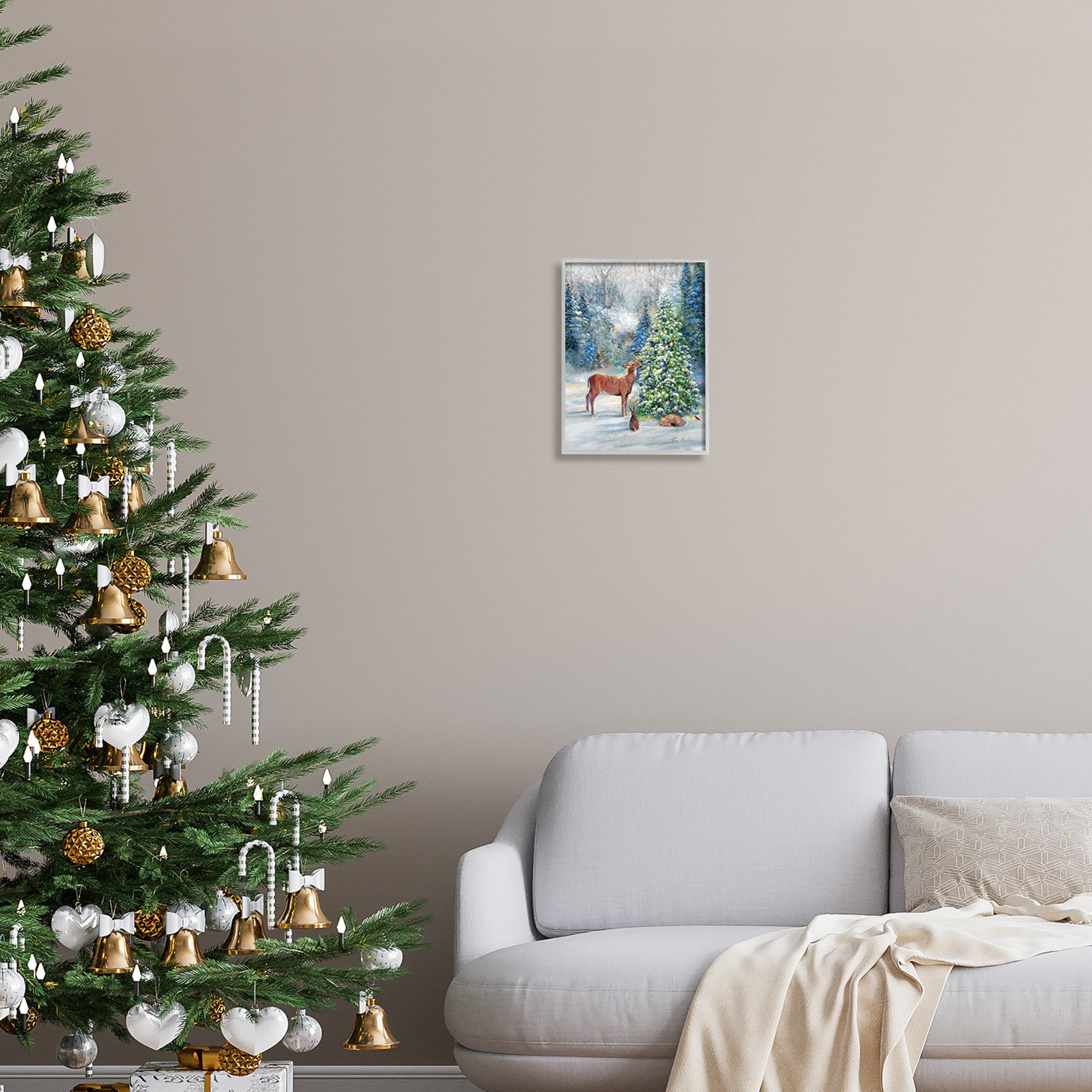 Stupell Industries Winter Woodland Animals Tree Holiday Painting Gray Framed Art Print Wall Art