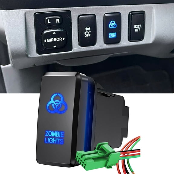 Electric Switches 12V Zombie Lights Push Button Switch ON-Off Switch Blue Backlit with Connector Wire(1.54"x0.83") for Toyota Tundra Tacoma RAV4 4Runner Prado 150/200 Series