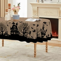 Halloween Tablecloth 60×84 Inch Oval, Castle Tree Scary Themed Beige Washable Table Cover for Party Picnic Dinner Decor