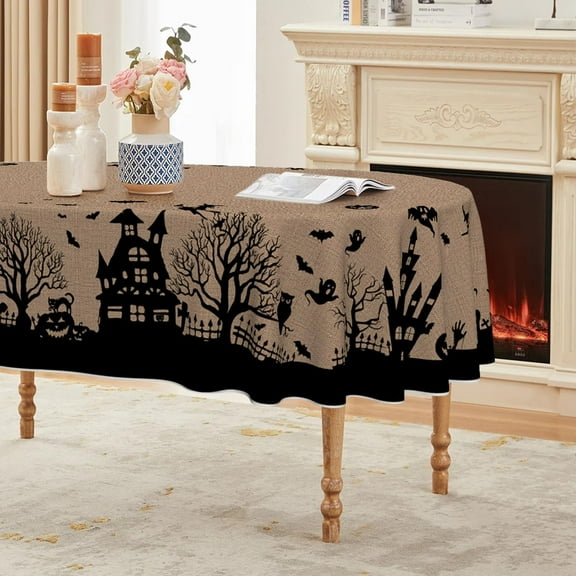 Halloween Tablecloth 60×84 Inch Oval, Castle Tree Scary Themed Beige Washable Table Cover for Party Picnic Dinner Decor