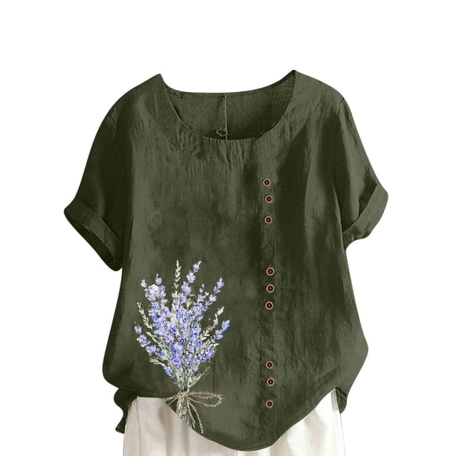 Vestidos Casuales Para Mujer, Blusas De Mujer De Moda Blusa informal de lino con cuello redondo, manga corta y botones para mujer