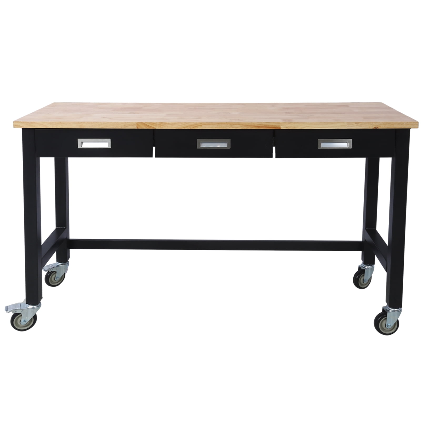 60in Work Bench with Drawer Storage, Heavy Duty Bamboo Wood Work Table with Wheels for Garage Home Office
