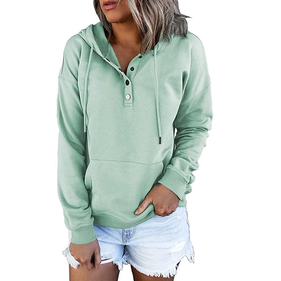 Womens Hoodies Sweater Button Collar Drawstring Hooded Pullover Sweatshirt Knit V Neck Casual Long Sleeve Fall Tops Shirts with Pockets
