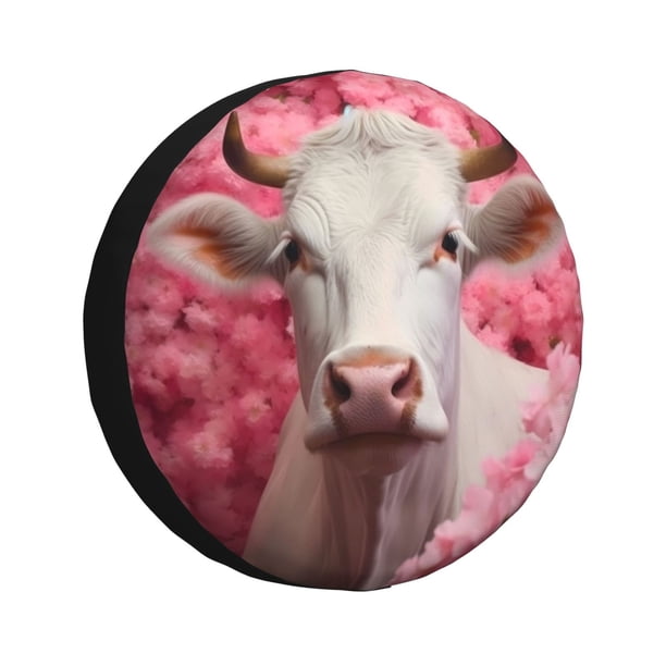 Fotbe Flower White Cow Funda de Llanta de Repuesto con Estampado, Engrosada, Ajuste Universal para Jeep, Remolque, RV, SUV, Camión-17 inch