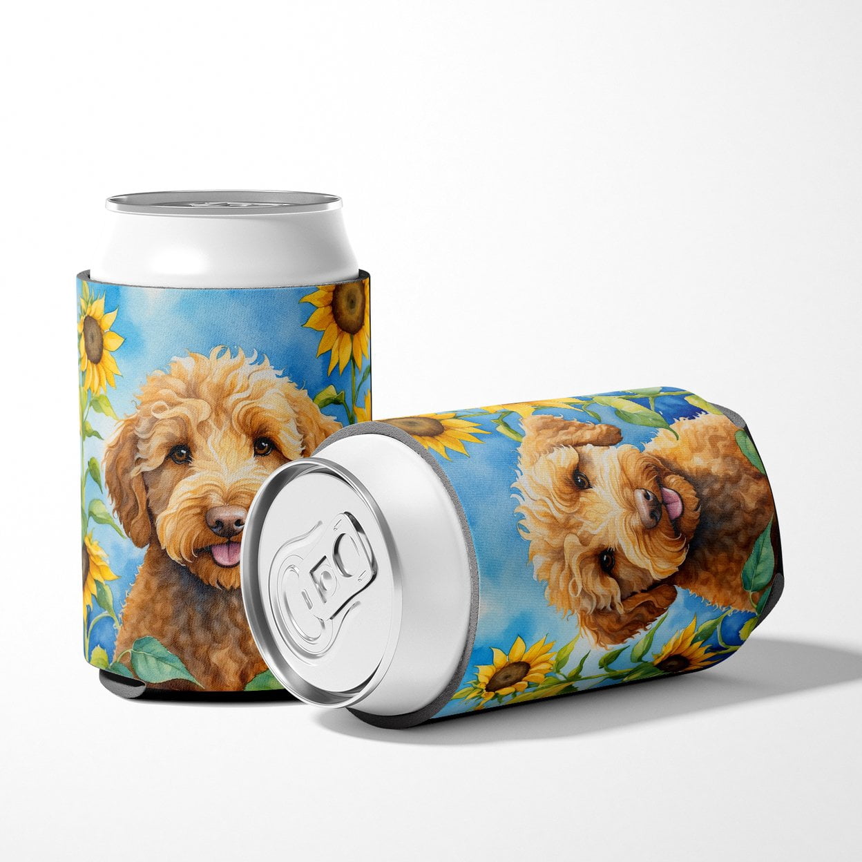 Labradoodle in Sunflowers Can or Bottle Hugger 3 in x 5 in