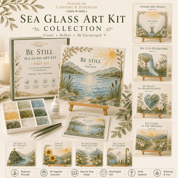 Psalms of Comfort & Strength Sea Glass Art Kit, Inspirational Bible Verse Mosaic Craft for Adults, Christian Tabletop Decor and Encouragement Sympathy Gift for Women