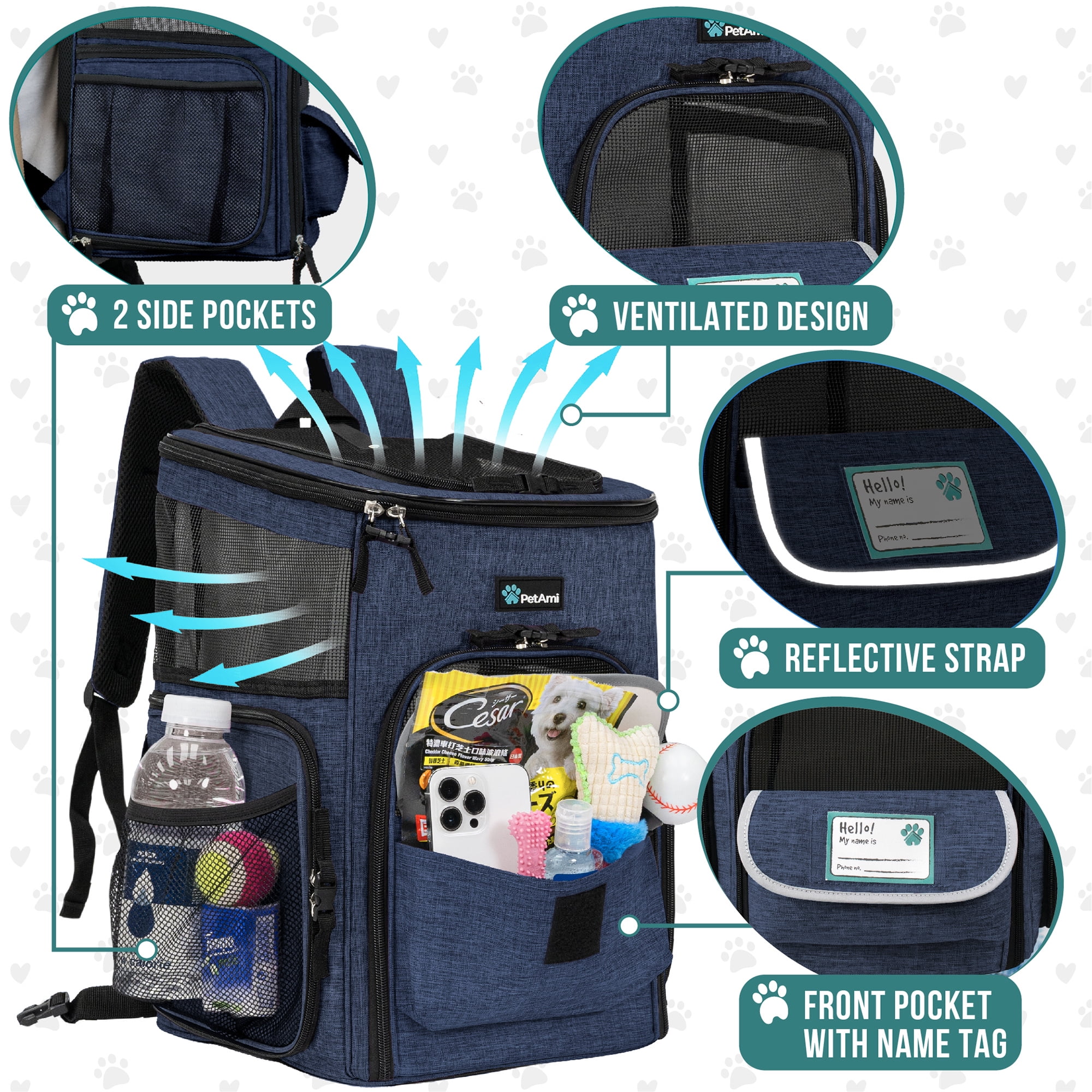 PetAmi Dog Backpack Carrier, Airline Approved Cat Backpacks For Carrying Small Large Cats, Pet Carrier Back Pack, Ventilated Soft Sided for Travel, Hiking, Camping, Max 18 lbs, Navy