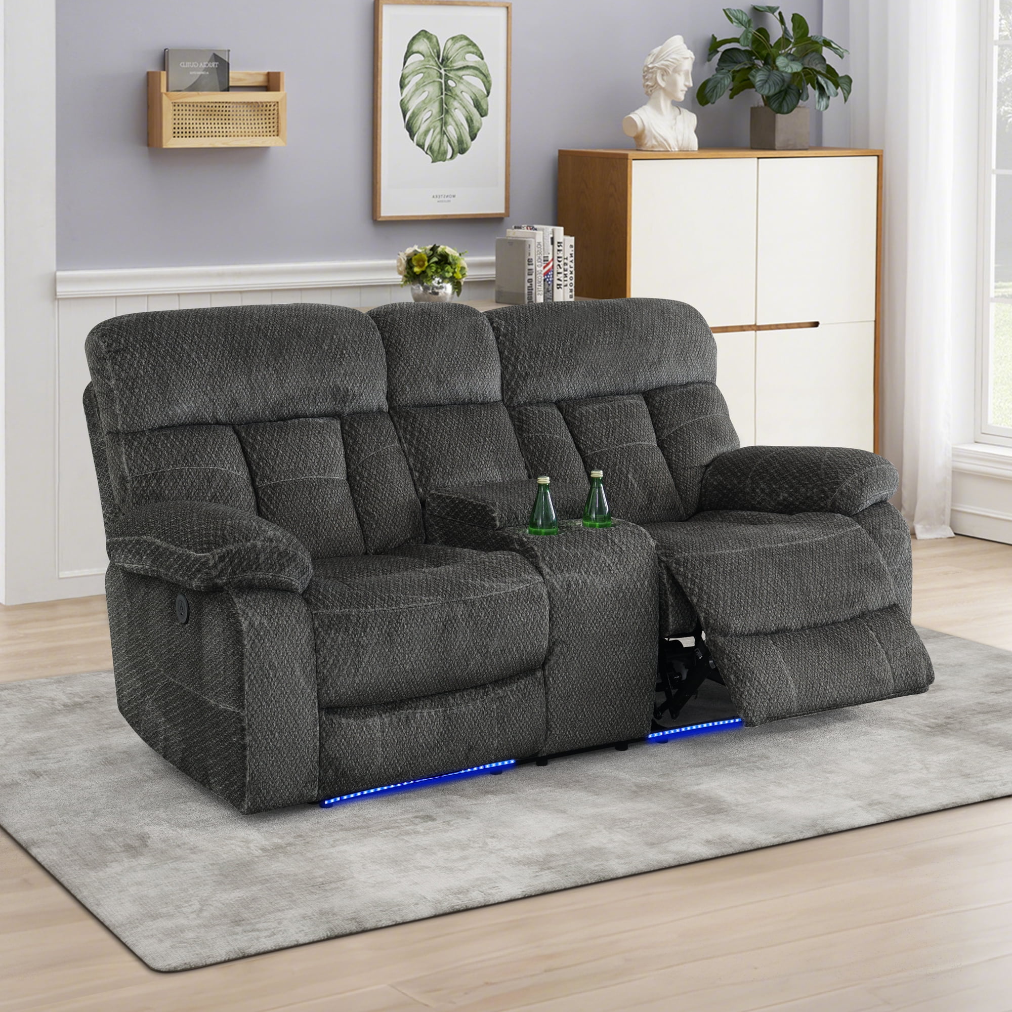 Gewnee Power Recliner Loveseat, LED Ambient Lights, Built in USB & Type‑C Ports, Hidden Storage, Home Theater Seating with Cup Holders, Flocking‑Grey