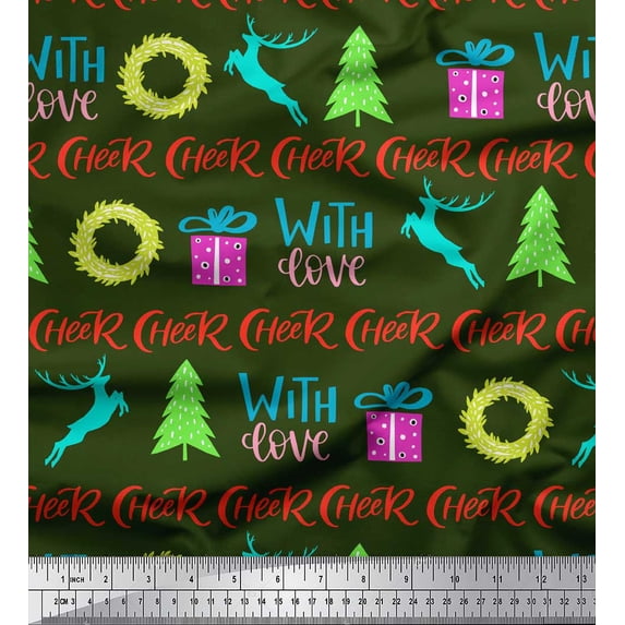 Soimoi Green Rayon Fabric Christmas Tree & Gift Text Print Sewing Fabric Yard 56 Inch Wide
