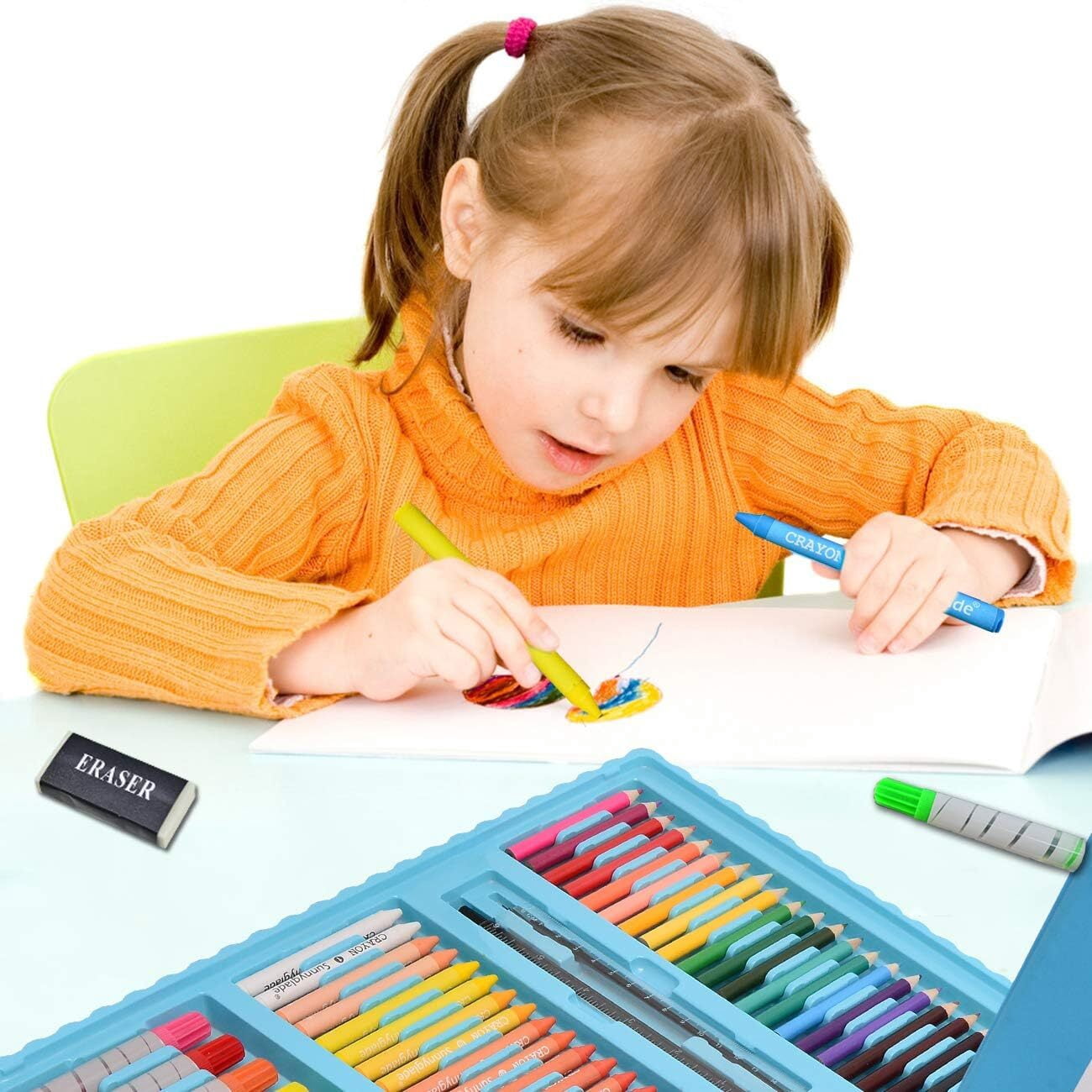 GoXteam 208-Piece Double-Sided Trifold Easel Art Set for Kids, Drawing Art Box with Oil Pastels, Crayons, Colored Pencils, Paint Brush, Watercolor Cakes, Drawing Board (Blue)