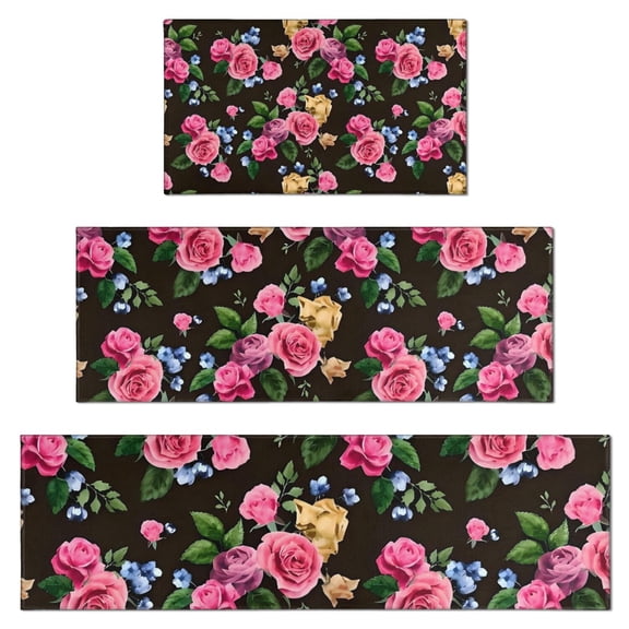 Pioneer Flower Floral Print Pattern Kitchen Rugs Sets Of 3,Kitchen Runner Rugs Non Skid Washable,Decorative Kitchen Floor Mats for Kitchen,Sink,Laundry,17"x30" 17"x47" 17"x59"