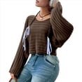 thumbnail image 2 of Suéter de Larga con Cuello Redondo para Mujer, Ajustado, de Punto Acanalado, Liso, Moderno, Tipo Pulóver. Marrón M, 2 of 8