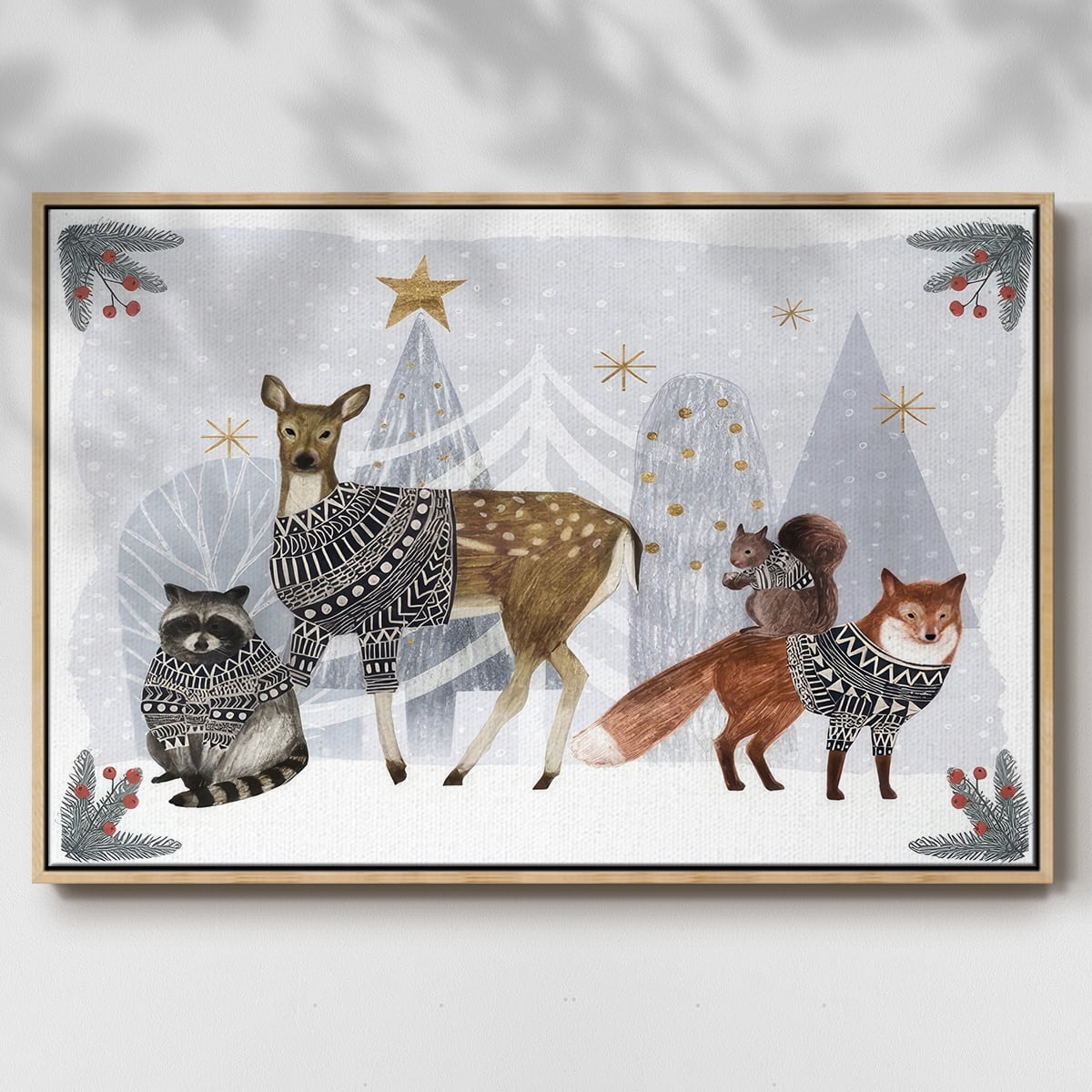 Cozy Christmas Collection A - Framed Gallery Wrapped Holiday Canvas - 27 x 41 - Natural Wood Frame