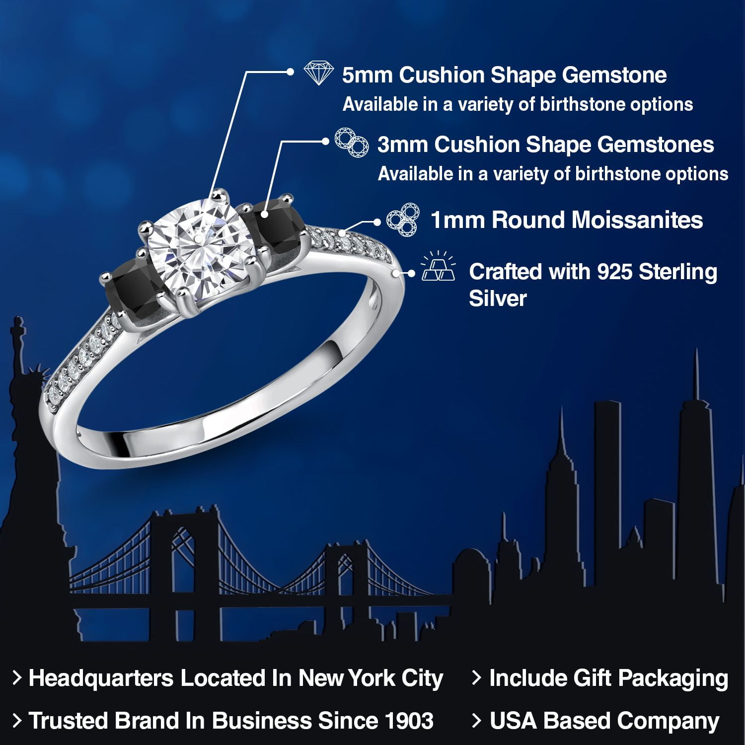 Gem Stone King 925 Sterling Silver Cushion White Moissanite and Black Onyx 3 Stone Engagement Ring for Women (0.96 Cttw, Gemstone Birthstone, Size 5)
