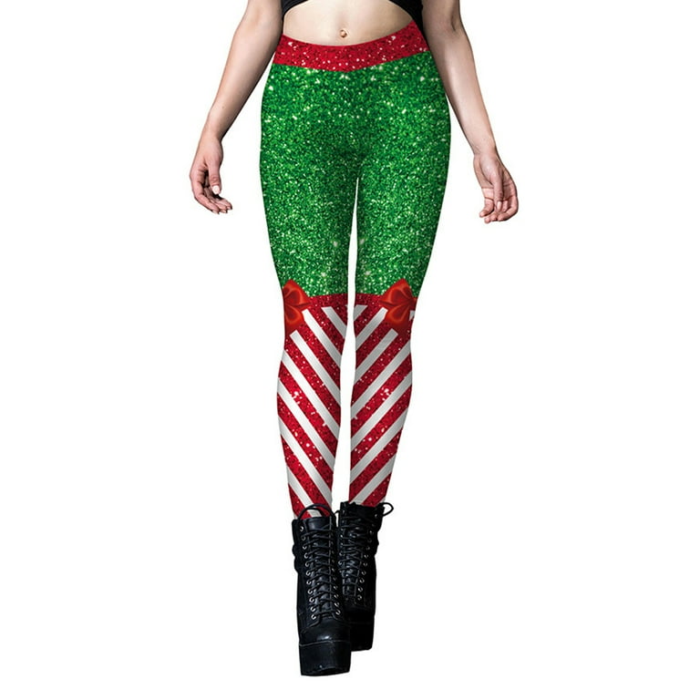 Womens Funny Printed Ugly Christmas Leggings Stripes Print High Waist  Elastic Slim Fit Tights Yoga Pants