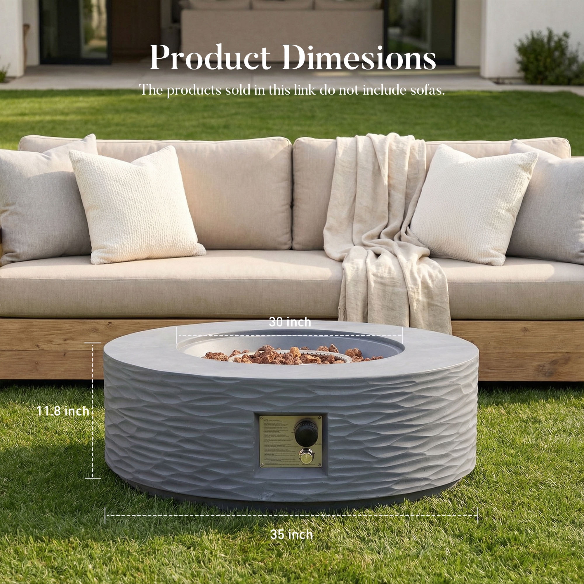 MOALCOFER 35" Outdoor Fire Pit Table,Round Propane Fire Pit,Water Ripple Design,Grey