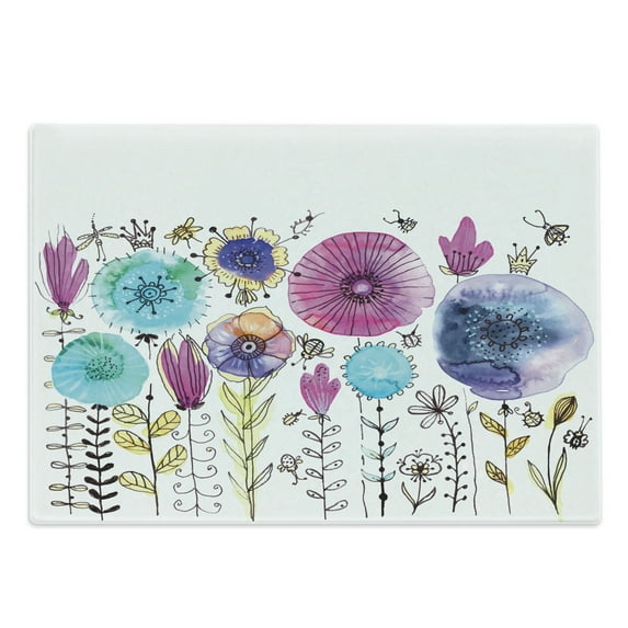 Dragonfly Cutting Board, Hello Summer Concept Dandelion and Winged Bug Be Happy Art, Decorative Tempered Glass Cutting and Serving Board, Large Size, Pink Blue, by Ambesonne