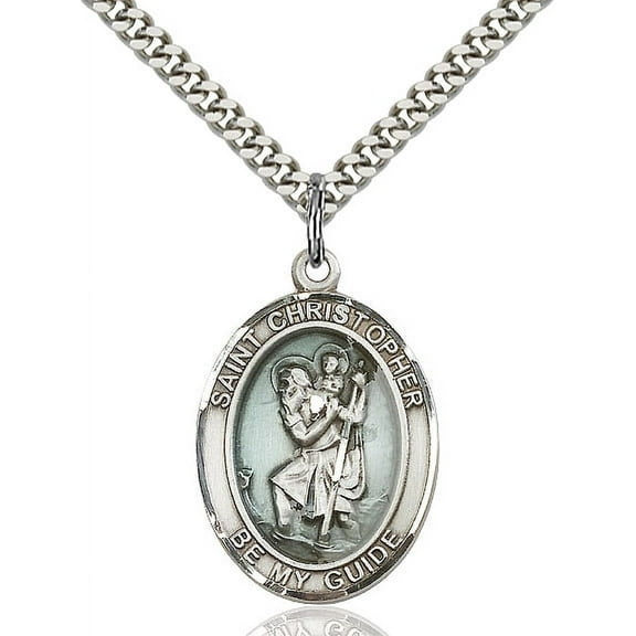 Sterling Silver St. Christopher Pendant 1 x 3/4 inches with Heavy Curb Chain