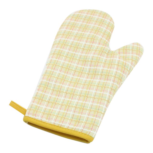 Unique Bargains Home Yellow Square Pattern Oven Baking Hot Insulation Gloves w Hand Strap
