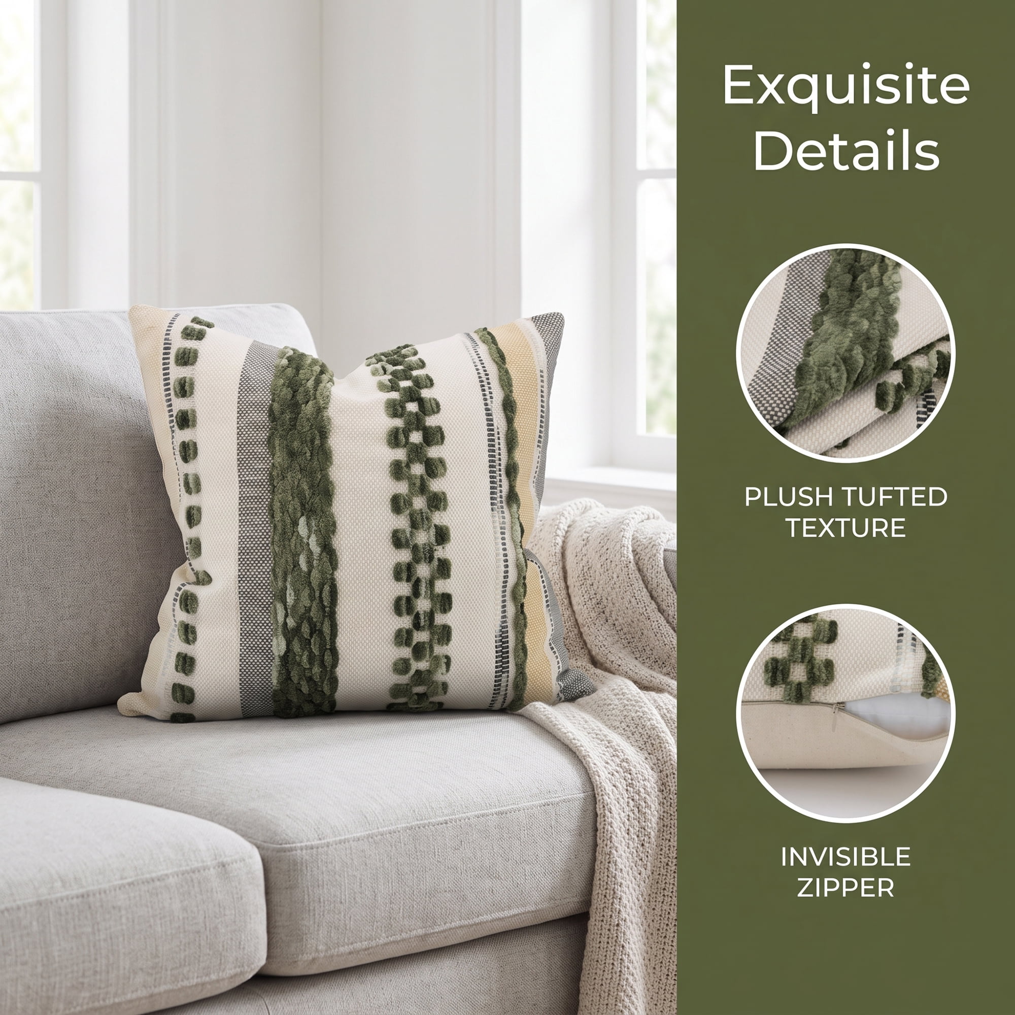 Unique Bargains 3D Chenille Tufted Throw Pillow Cover Grid Stripe Case Green 18"x18"