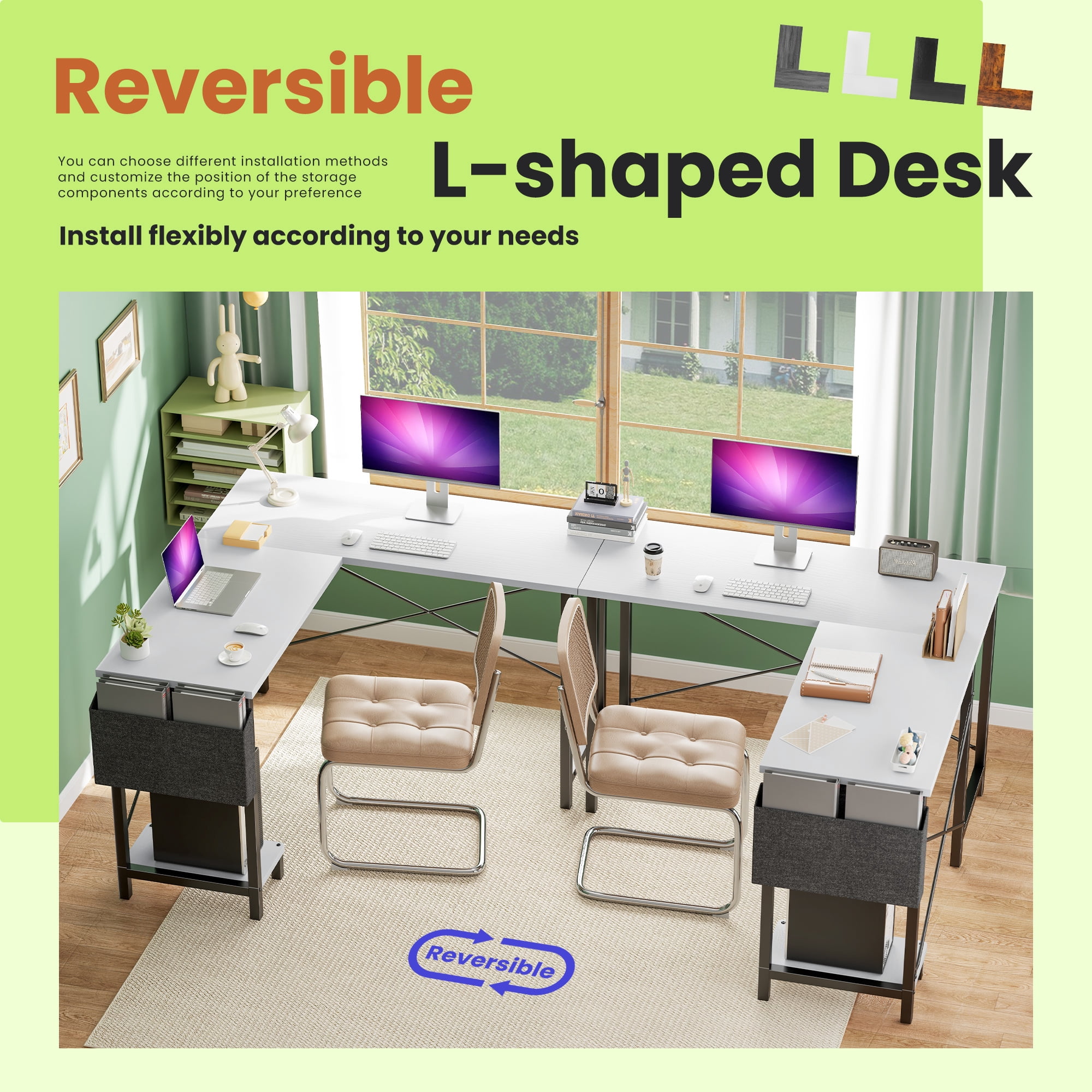 KPUY 49-Inch L Shaped Desk with CPU Stand Side Bag, Gaming Desk Home Office Desk for Home Office Dorm Sturdy Writing Workstation, White