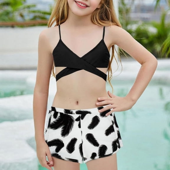 DAETIROS Girls 2-Piece Swimsuit Set with Boyshort, Cross Front Bikini Top & Feather Print for Beach Pool, Quick-Dry Comfortable, Ages 8-14 Years,Size 8-9 T