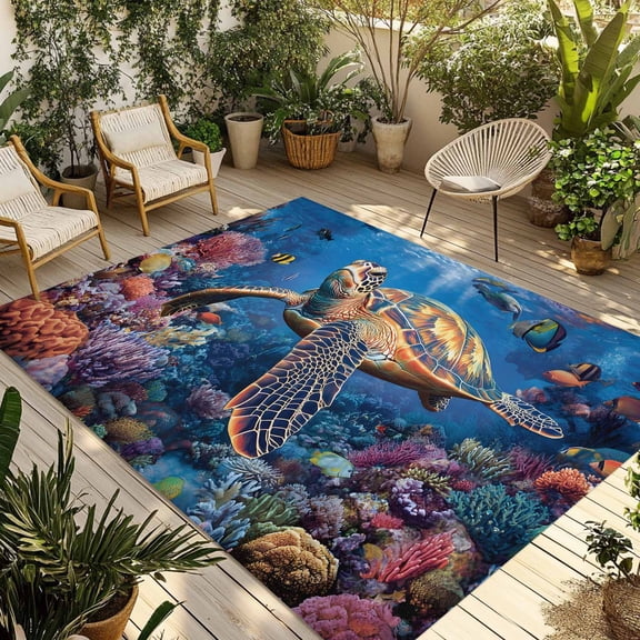Fsddascl Coastal Turtle Outdoor Rug for Patio/Deck/Porch, Non-Slip Large Area Rug 4 x 6 Ft, Turquoise Coral Tropical Ocean Animal Fish Indoor Outdoor Rugs Washable Area Rugs, Camping Rug Carpet