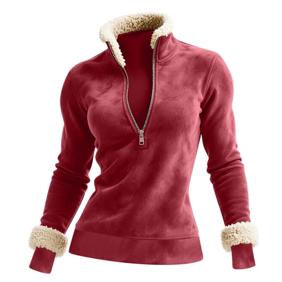 BXINGOHAI Women's Oversized Fleece Sweatshirt Long Sleeve Half Zip Sherpa Y2k Fleece Pullover Top With Pockets Red 2XL