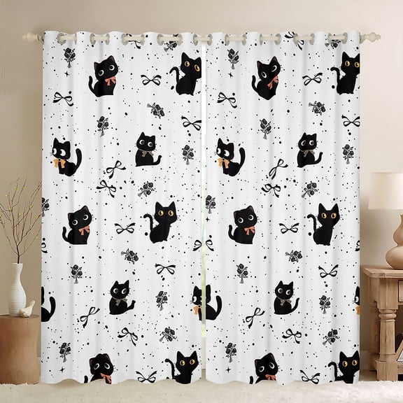 jejeloiu Black Cat Ribbon Bow Black Out Curtains Kids,White Floral Print Curtains Pack of 2 (42x63 Each)