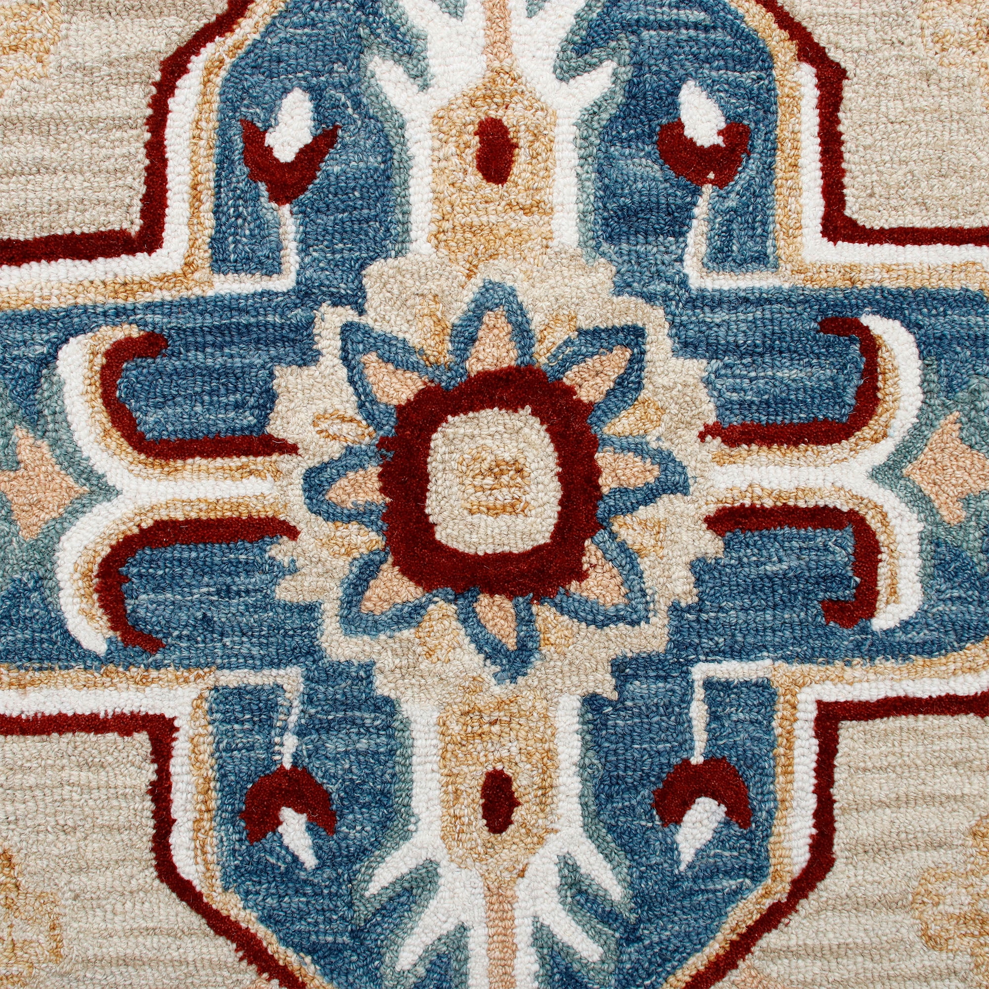 Elm & Oak Clio 7'3" Round Beige/Blue Medallion Handmade Wool Indoor Area Rug