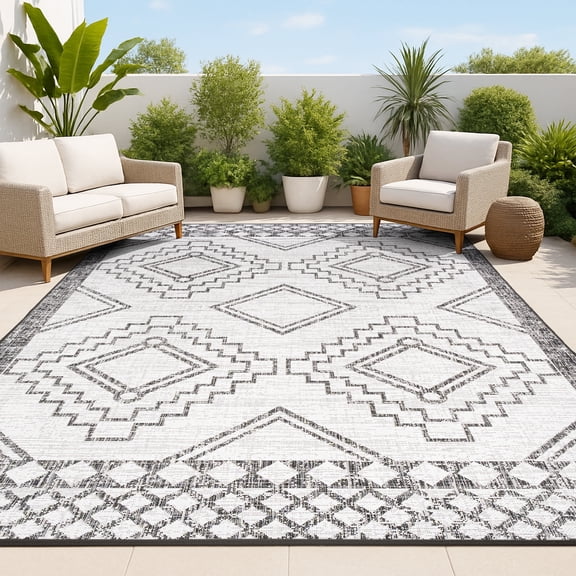 JONATHAN Y SANTA MONICA 5 x 8 Area Rug, Marokko Diamond Tribal Medallion - Ivory/Black, SMB127E-5
