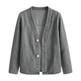 thumbnail image 3 of AherBiu Jean Cardigan for Women Button down V Neck Collarless Long Sleeve Oversized Denim Jacket with Pockets(X-Large,Gray), 3 of 8