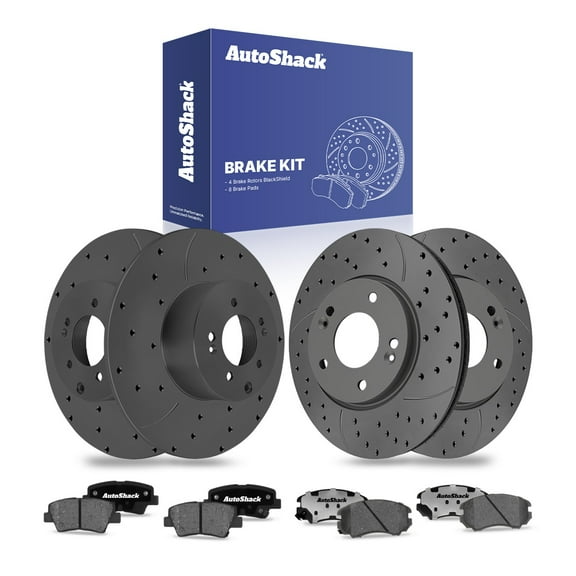 AutoShack Front Vented & Rear Solid Drilled & Slotted Coated Brake Rotors Black Matte Finish   Ceramic Pads 12-PC Brake Kit Replacement for 2010-2011 Kia Soul BlackShield