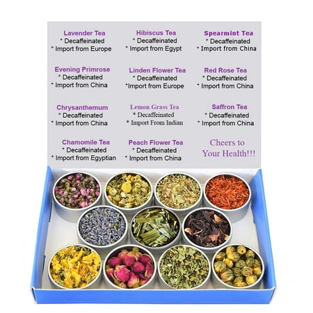 - Tea Sampler - Flower Tea - Decaffeinated - Herbal - Gift Box - Chrysanthemum - Mint - Linden Flower - Saffron - Hibiscus - Lavender - Chamomile - LemonGrass - Rose - Loose Leaf Tea