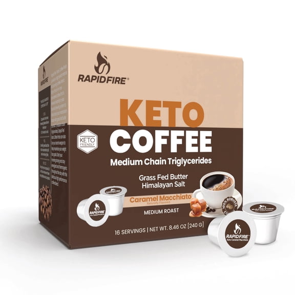 Rapidfire Caramel Macchiato Ketogenic High Performance Keto Coffee Pods, Supports Energy & Metabolism, Weight Management, Single Serve K Cup, Brown, 16 Count