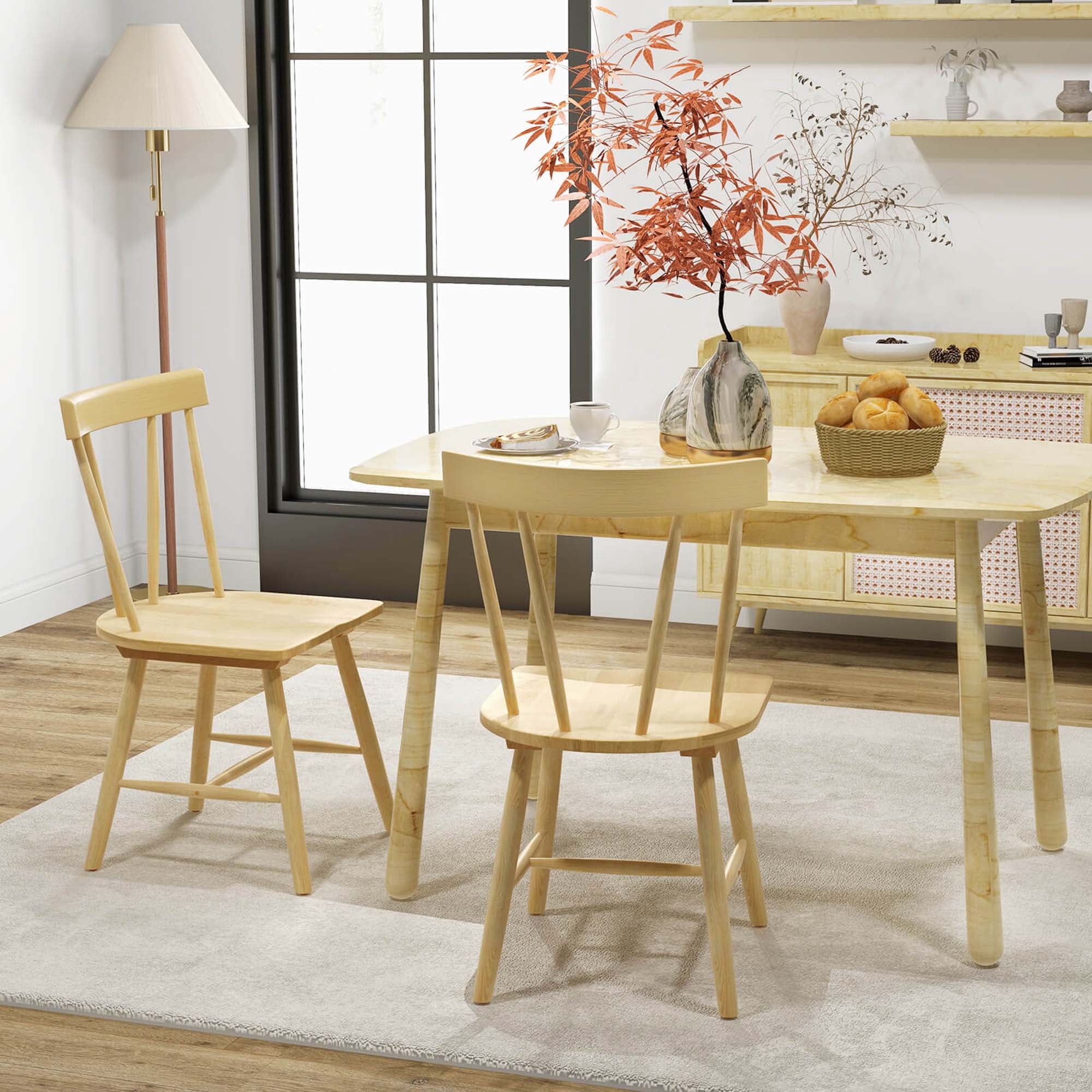 Costway Dining Chairs Set of 2 Windsor Chairs Wood Armless Chairs with Solid Rubber Wood Natural