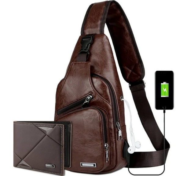 Arcticice PU Leather Sling Bag with Coin Purse for Men, Cross Body Bag with Earphone Hole USB Charging Port, Coffee