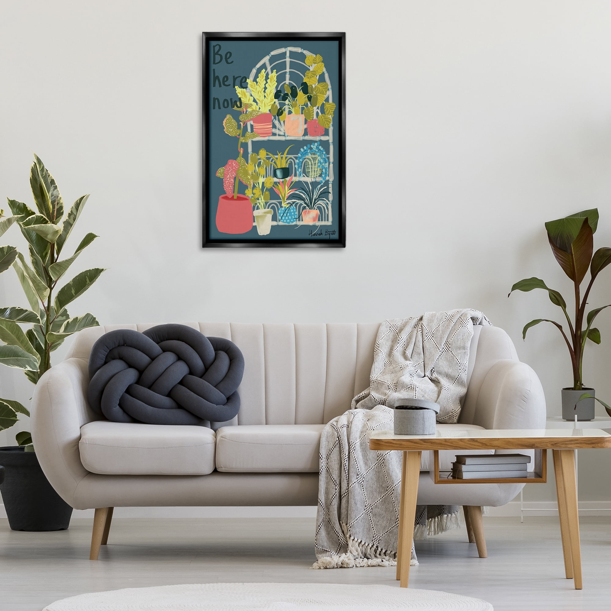 Stupell Industries Be Here Now Plant Shelf Plants & Flowers Painting Black Floater Framed Canvas Art Print Wall Art, 21 x 31